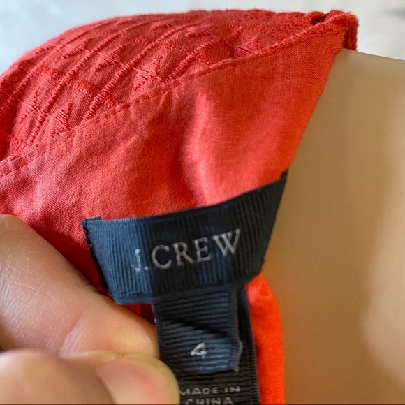 J Crew Coral Red Eyelet Embroidered Tie Neck Flutter Sleeve Shift Dress Size 4. - Picture 5 of 11